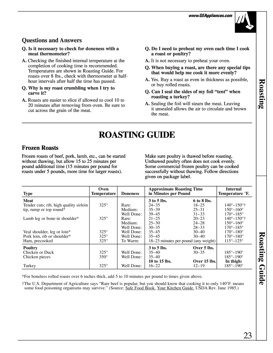 GE JGBP40, EGR3001, JR EGR3000 manual Roasting Guide, Frozen Roasts, Questions and Answers 