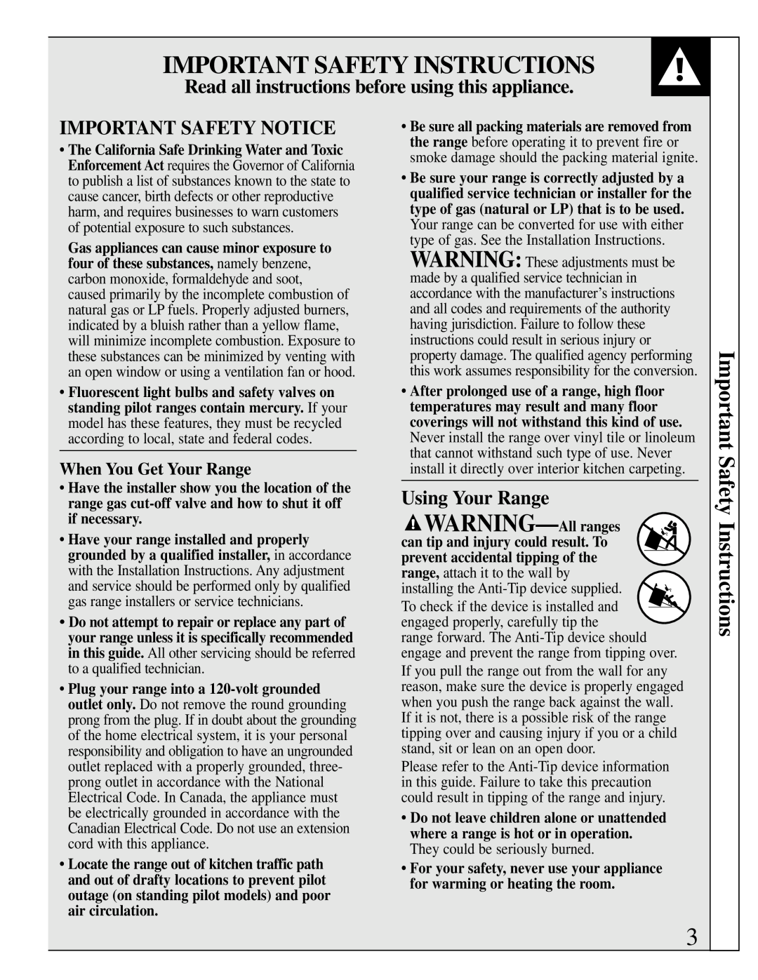 GE EGR3001 manual Important Safety Instructions, Read all instructions before using this appliance, Important Safety Notice 