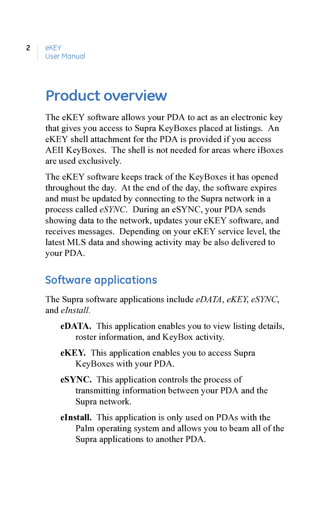 GE eKEY user manual Product overview, Software applications 