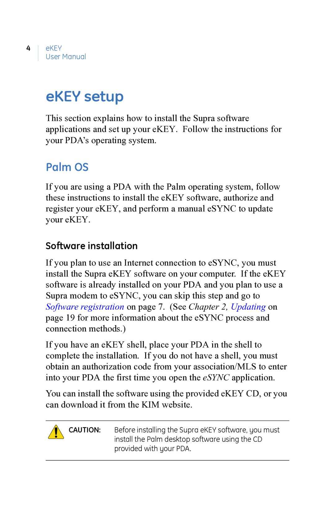 GE eKEY user manual EKEY setup, Palm OS, Software installation 