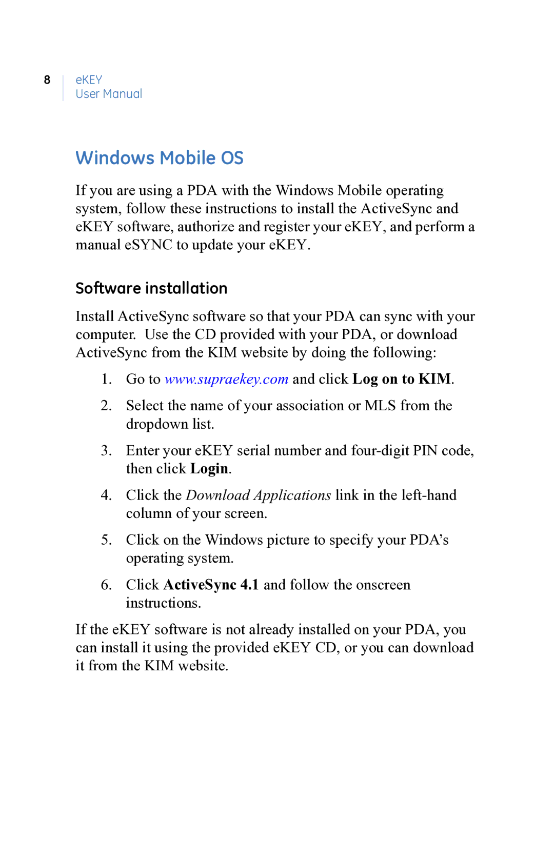 GE eKEY user manual Windows Mobile OS, Software installation 