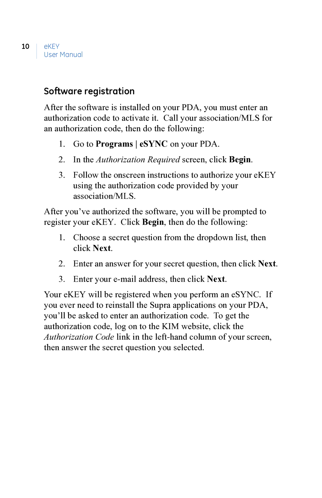 GE eKEY user manual Authorization Required screen, click Begin 