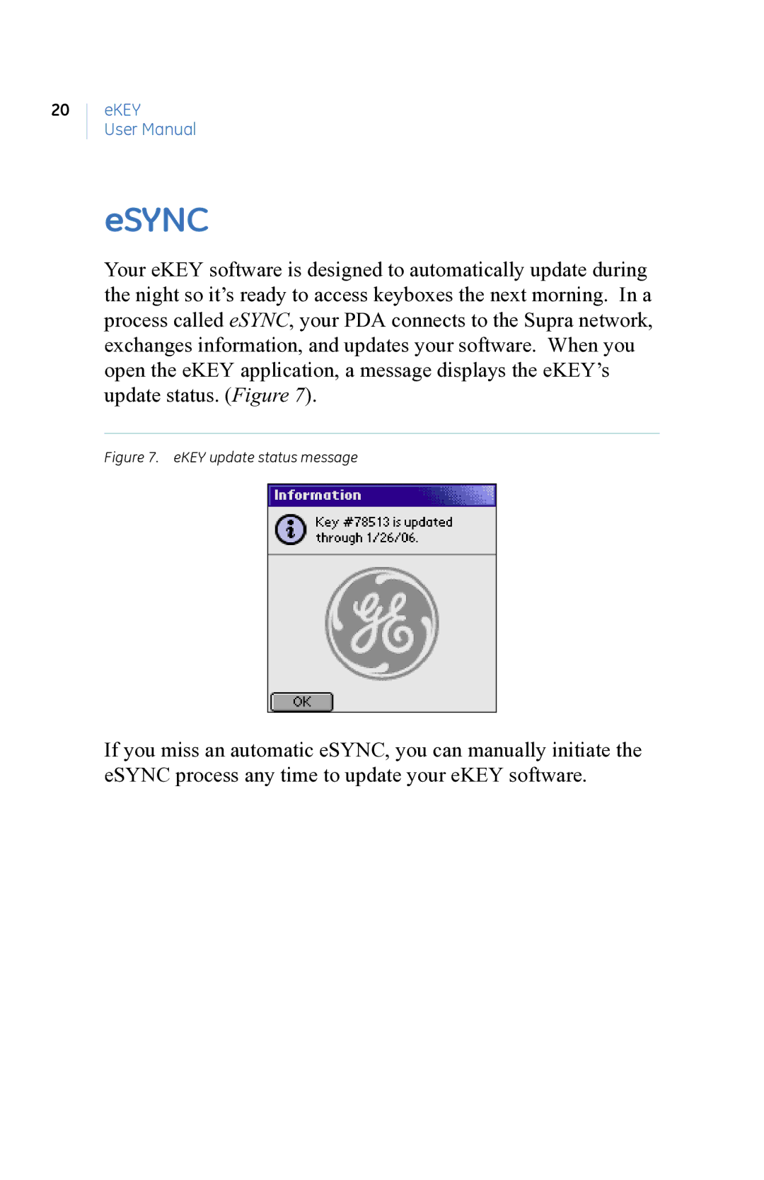 GE eKEY user manual Esync, EKEY update status message 