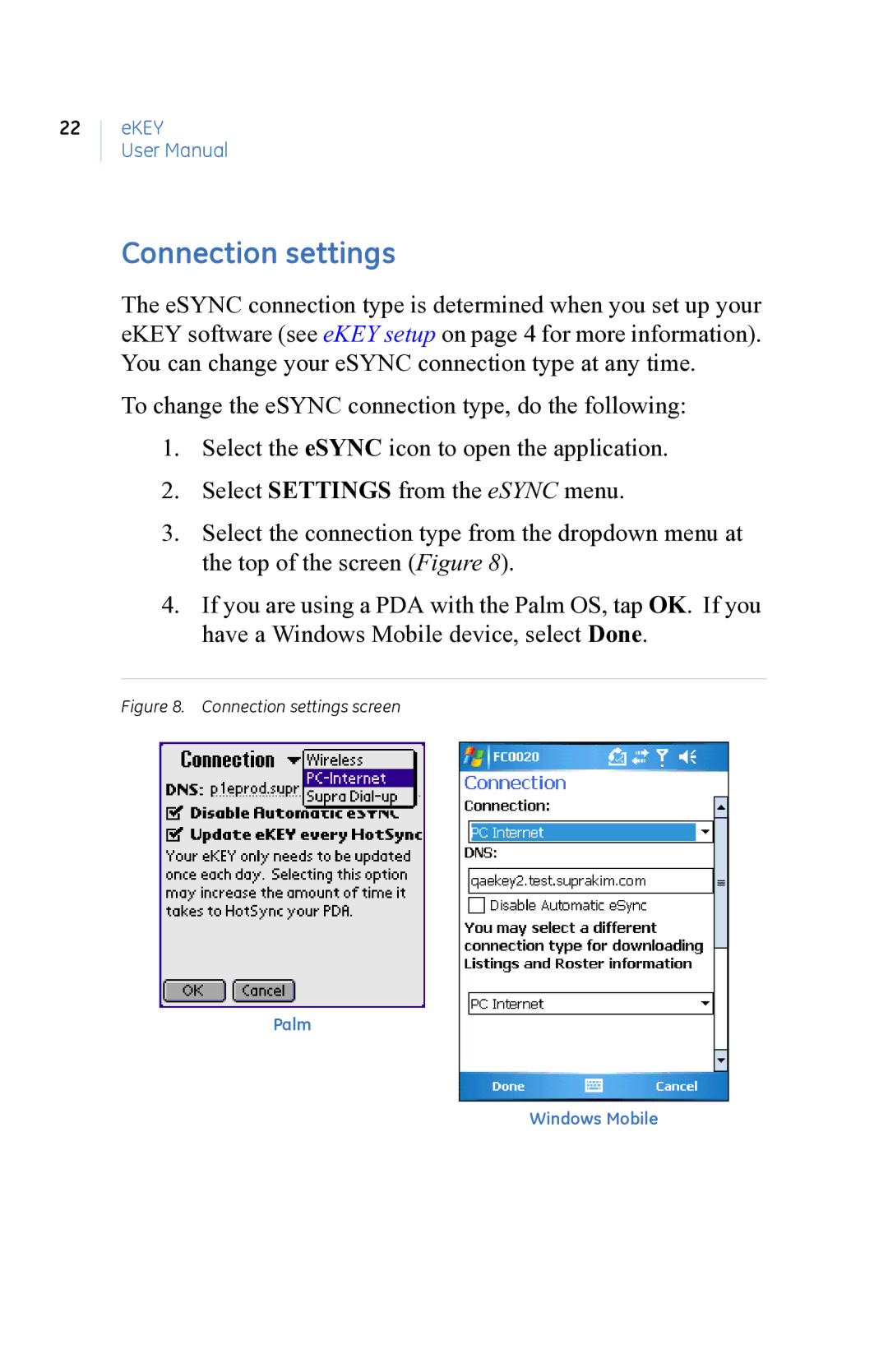 GE eKEY user manual Connection settings screen 