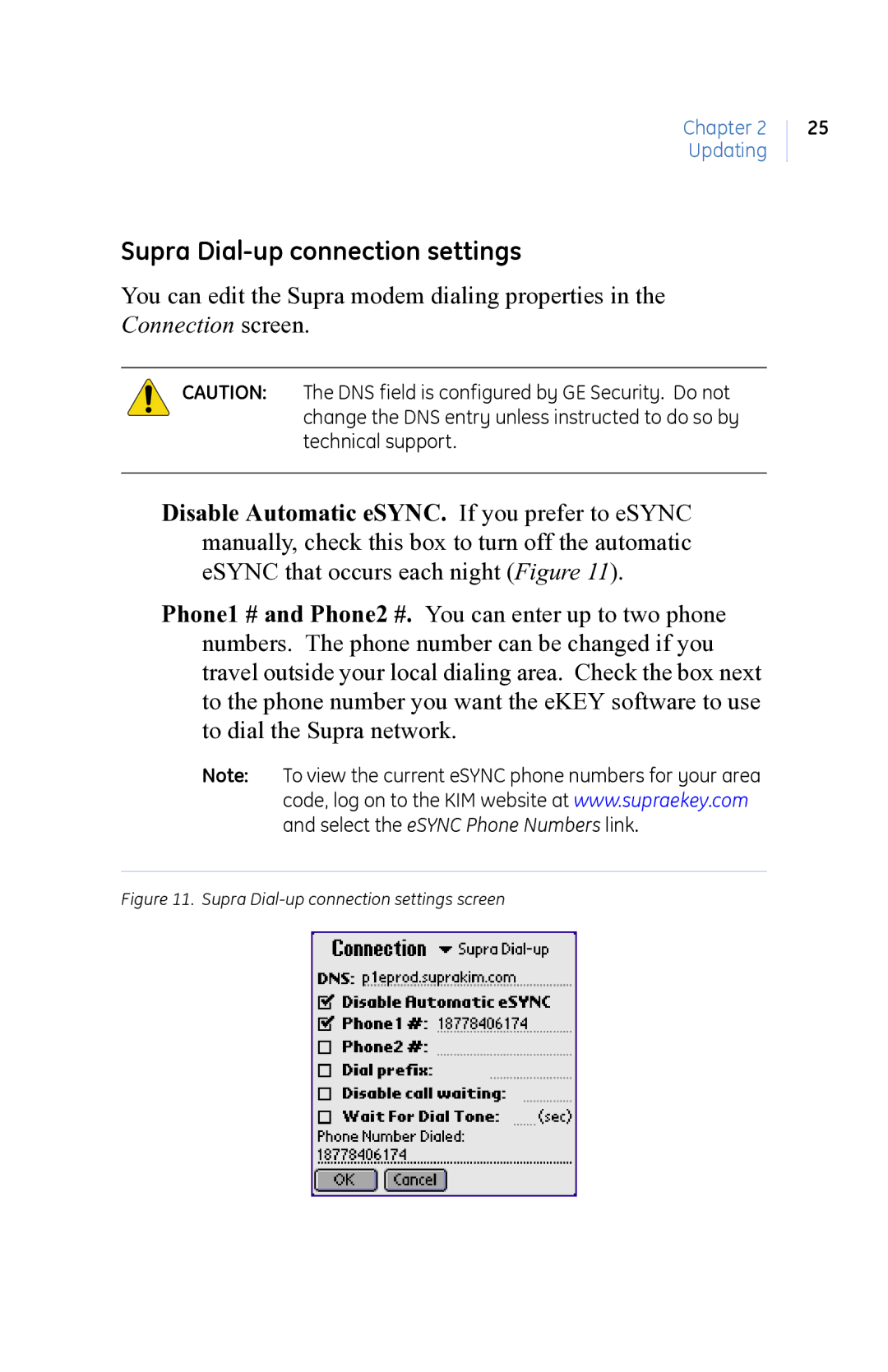 GE eKEY user manual Supra Dial-up connection settings screen 