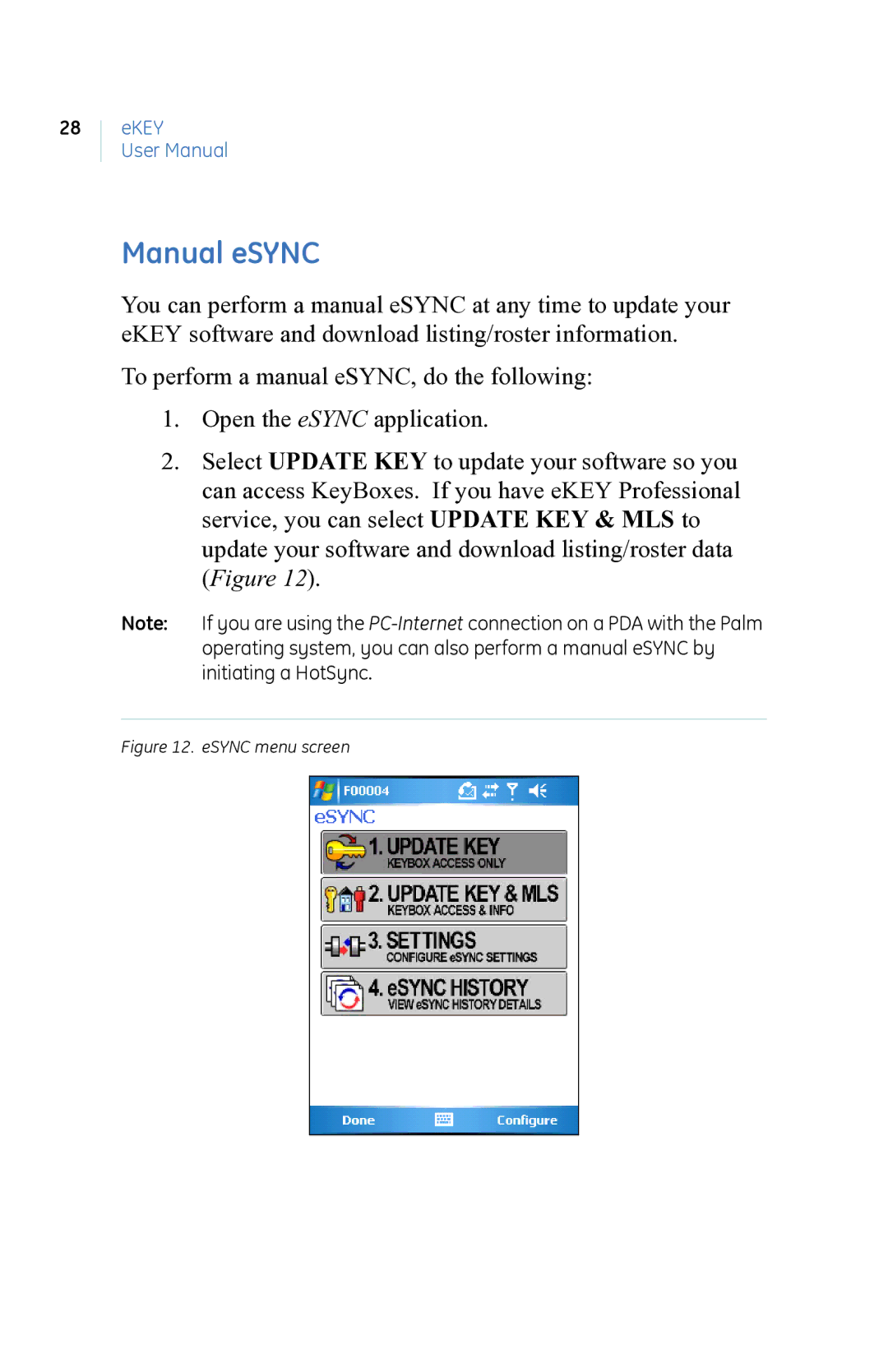 GE eKEY user manual Manual eSYNC, ESYNC menu screen 