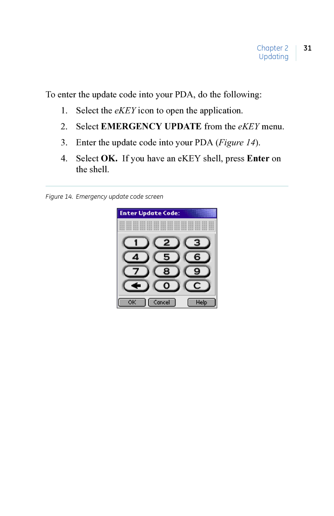 GE eKEY user manual Emergency update code screen 