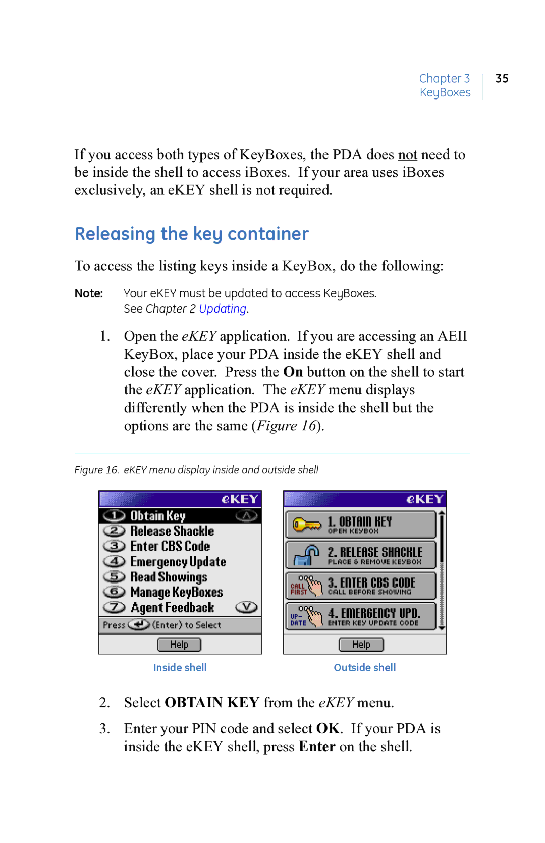 GE eKEY user manual Releasing the key container, EKEY menu display inside and outside shell 