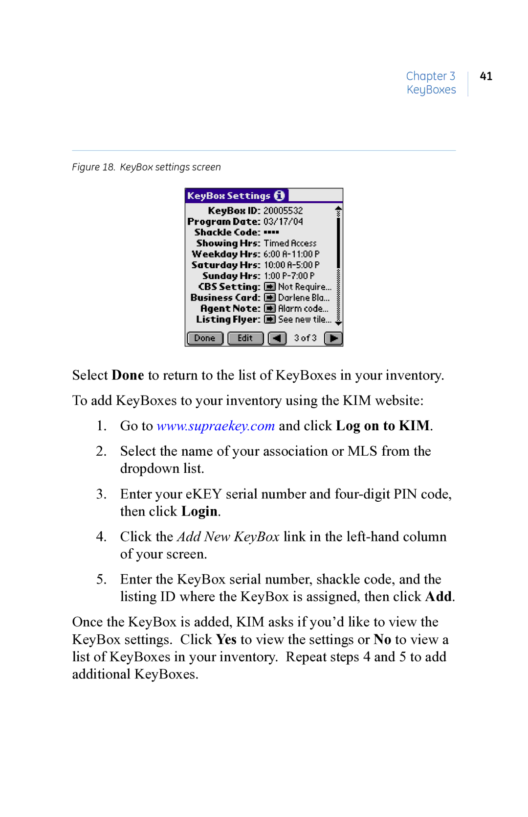 GE eKEY user manual KeyBox settings screen 