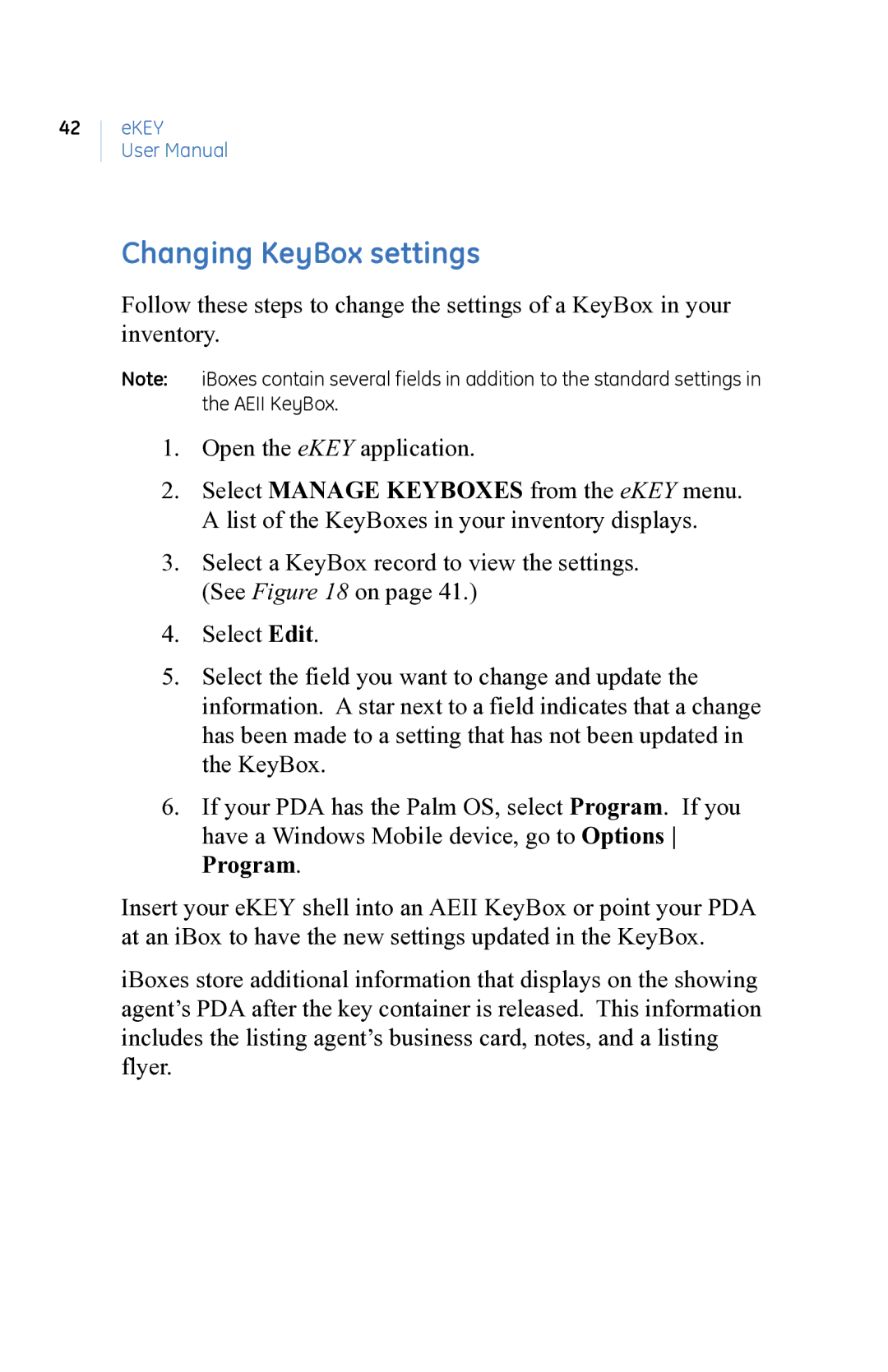 GE eKEY user manual Changing KeyBox settings 