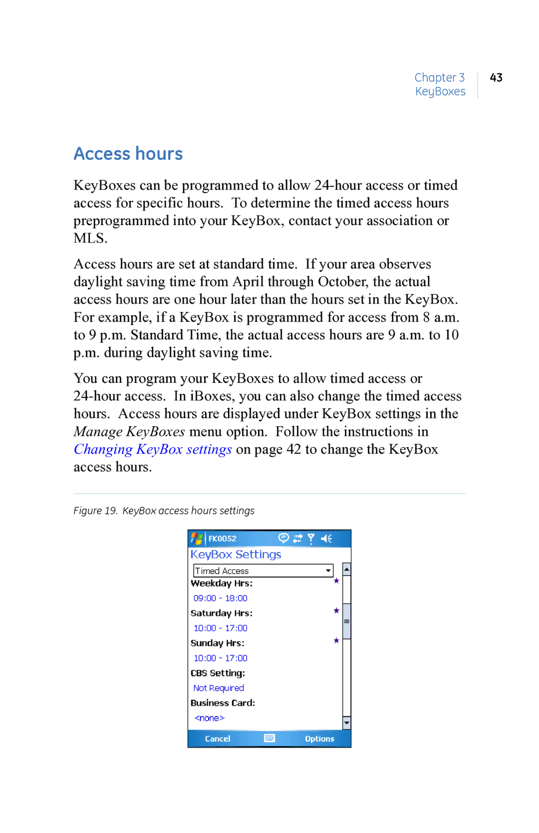 GE eKEY user manual Access hours, KeyBox access hours settings 