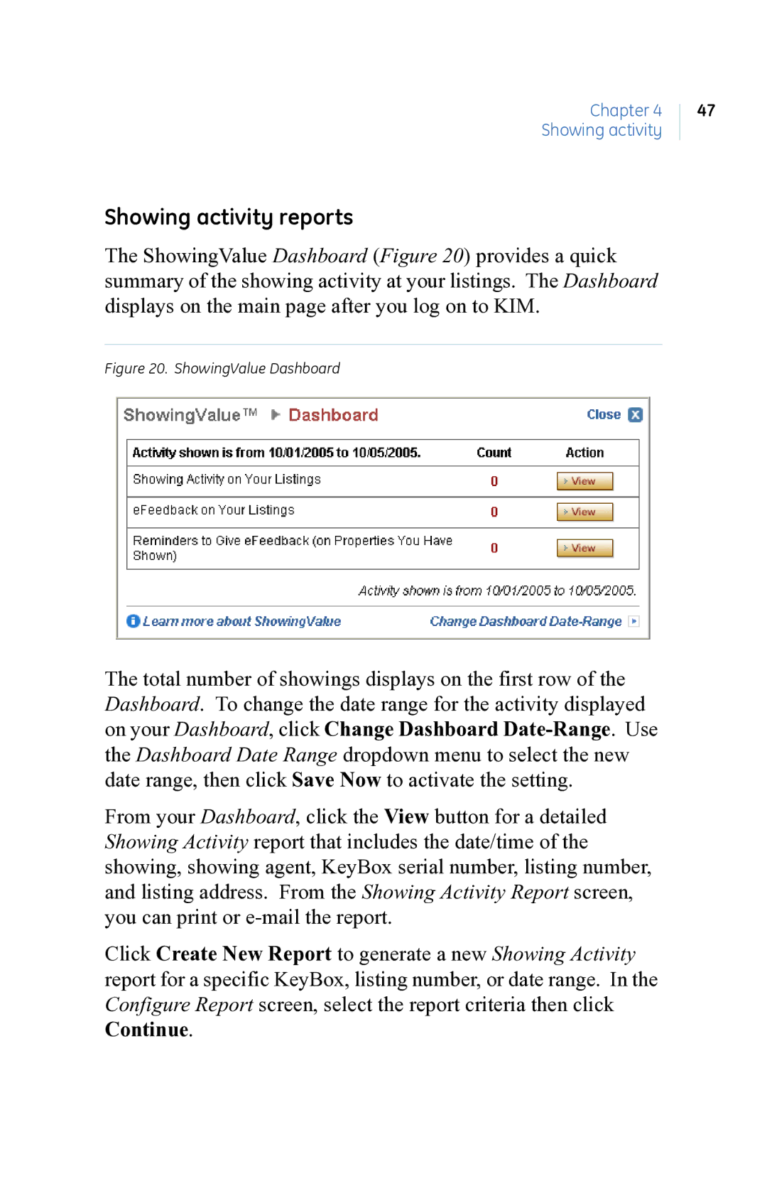 GE eKEY user manual Showing activity reports, ShowingValue Dashboard 