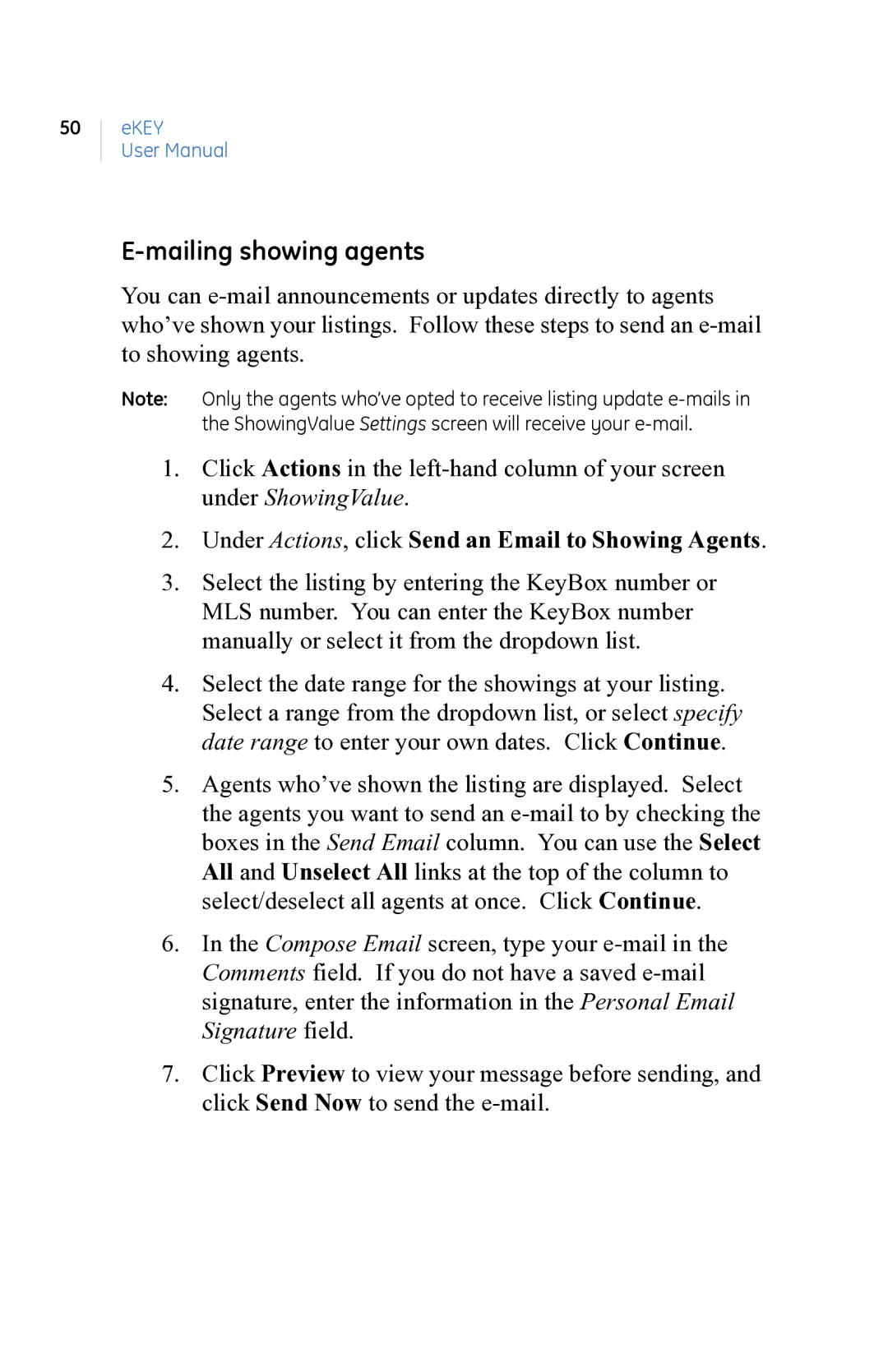 GE eKEY user manual Mailing showing agents, Under Actions, click Send an Email to Showing Agents 