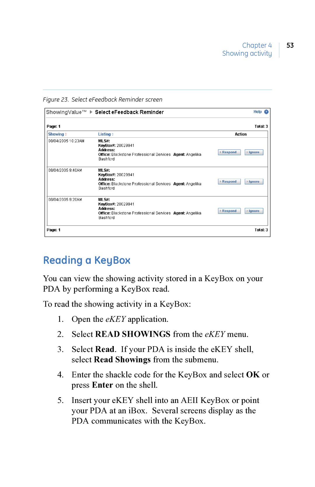 GE eKEY user manual Reading a KeyBox, Select eFeedback Reminder screen 