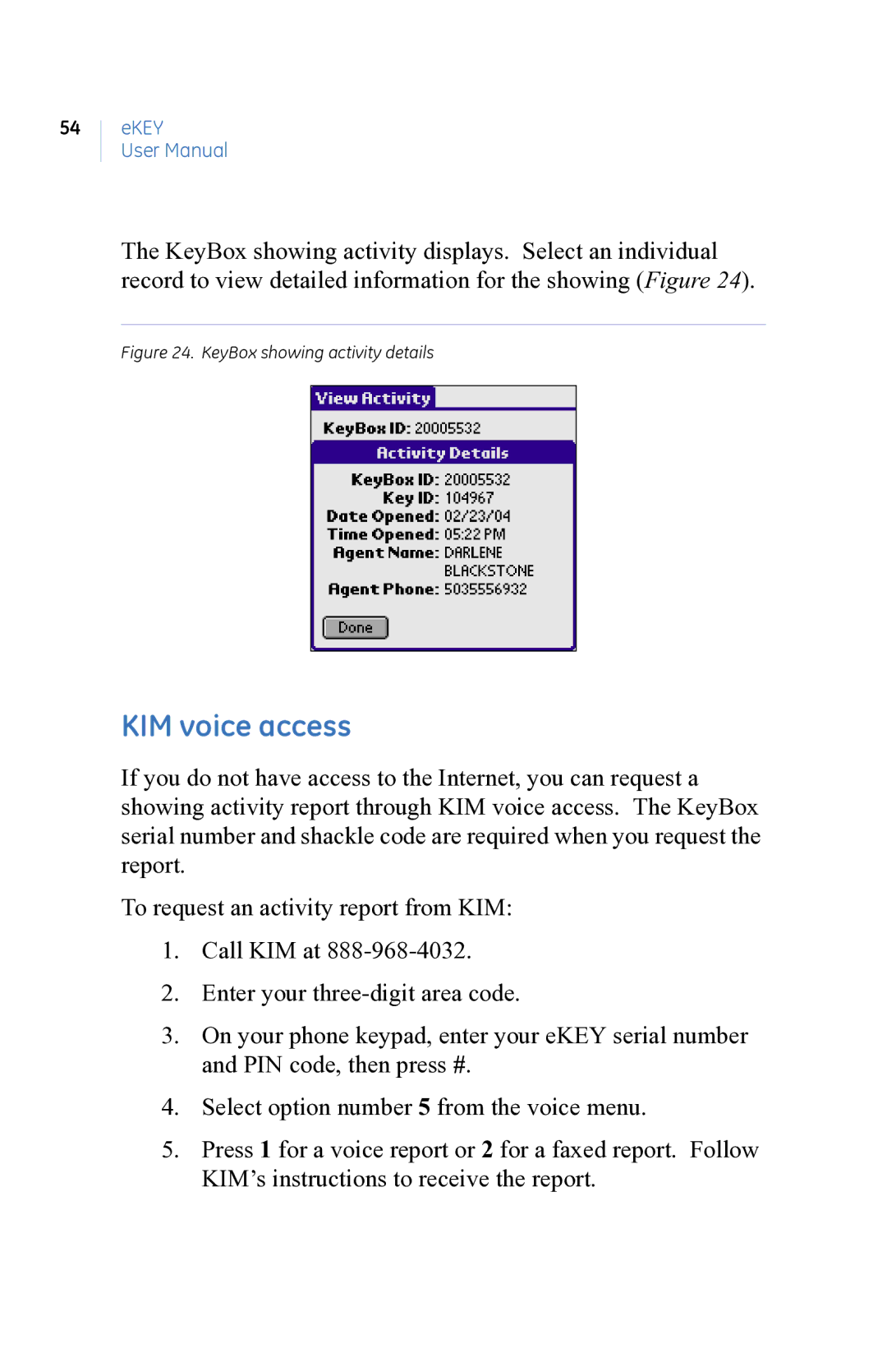 GE eKEY user manual KIM voice access, KeyBox showing activity details 