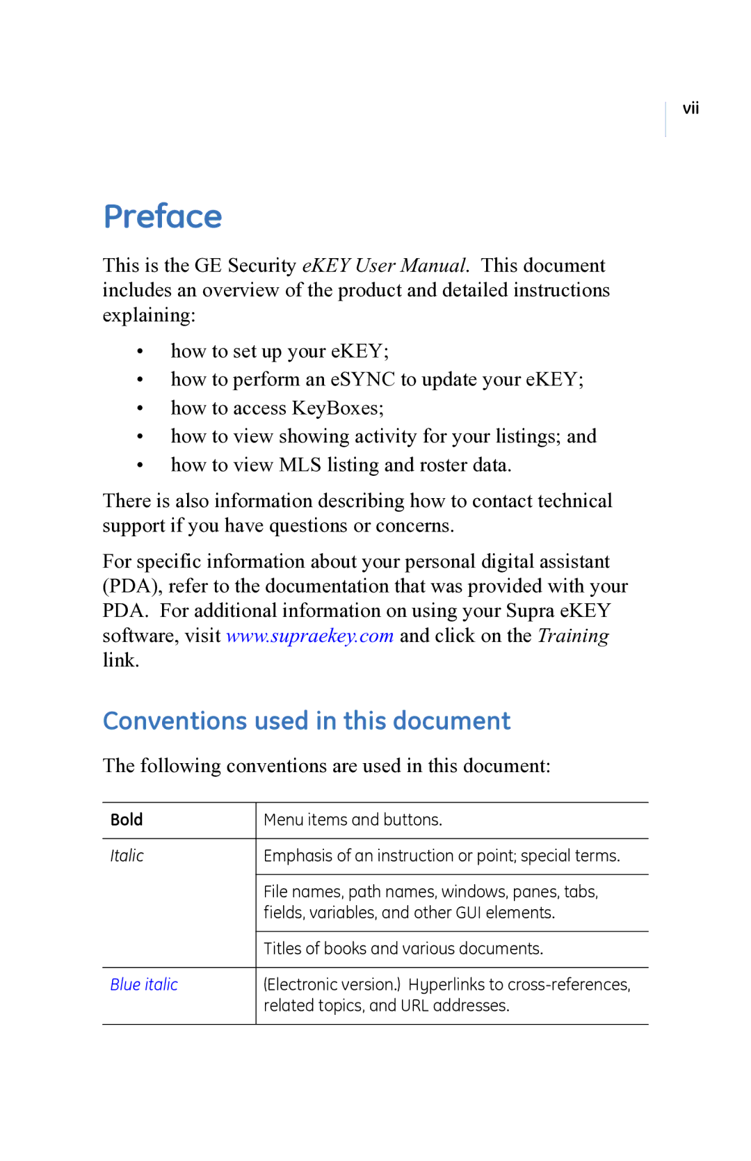 GE eKEY user manual Preface, Conventions used in this document 