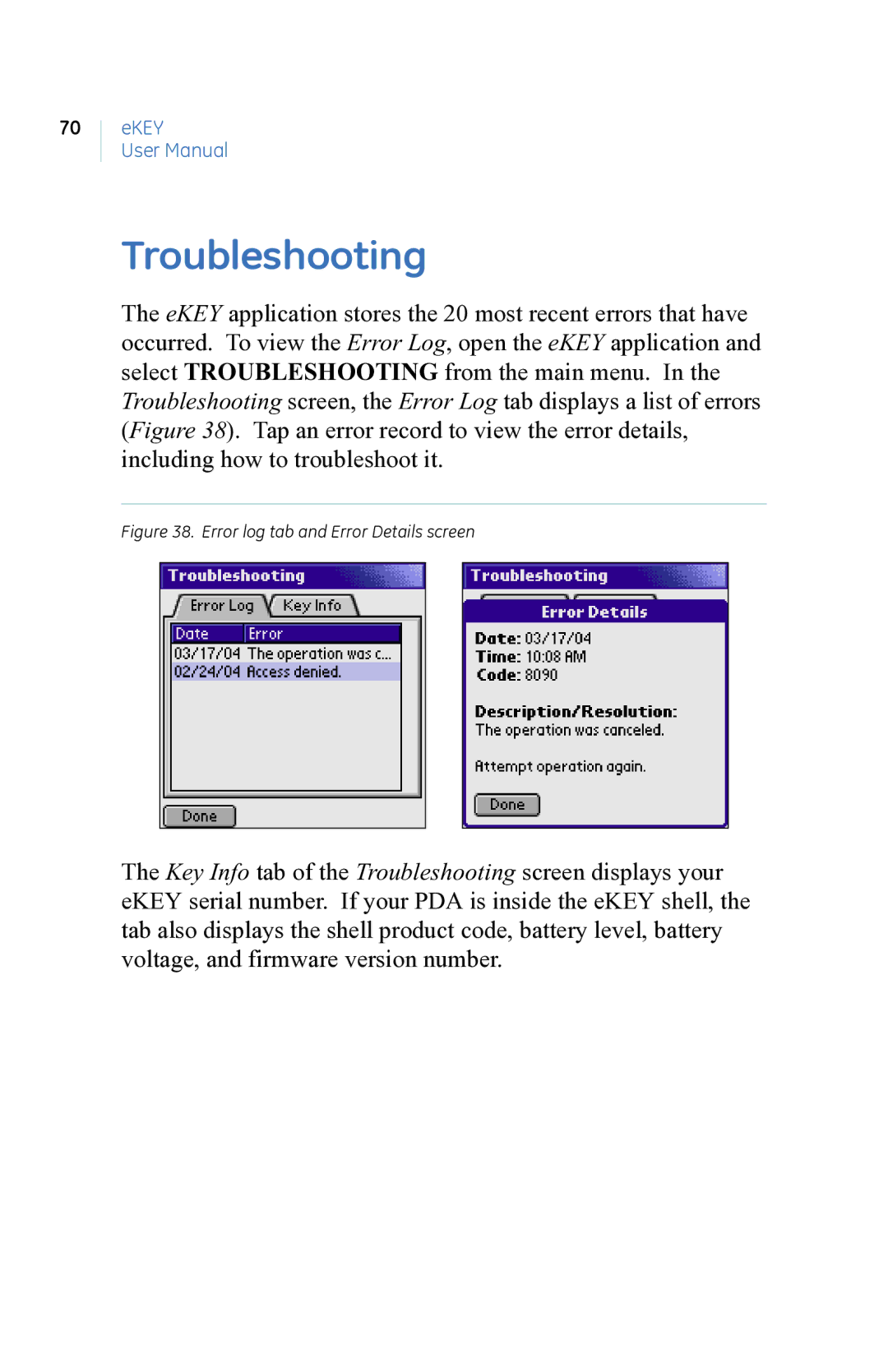 GE eKEY user manual Troubleshooting, Error log tab and Error Details screen 