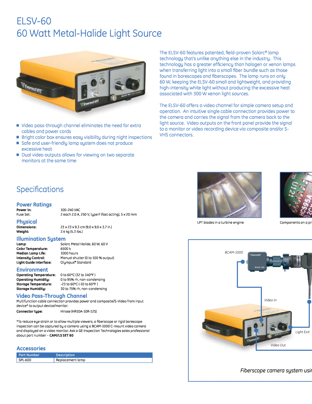 GE ELSV-60 60 Watt Metal-Halide Light Source, Specifications, Power Ratings, Physical, Illumination System, Environment 