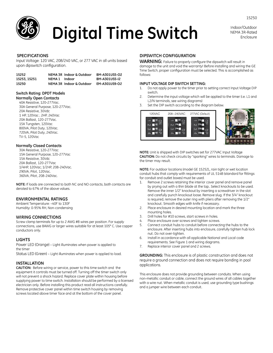 GE 120VAC, EM-A301US9-O2 specifications Dipswitch Configuration, Lights, Switch Rating Dpdt Models Normally Open Contacts 