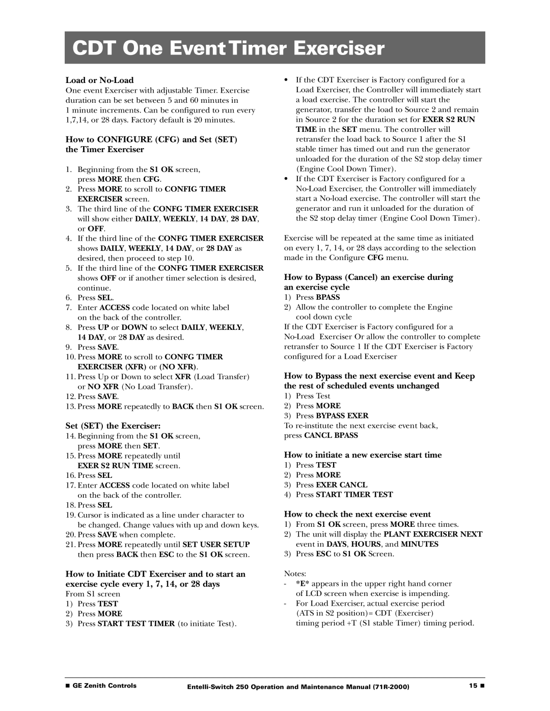 GE Entelli-Switch 250 manual CDT One Event Timer Exerciser, Press Bypass Exer, Press Cancl Bpass 