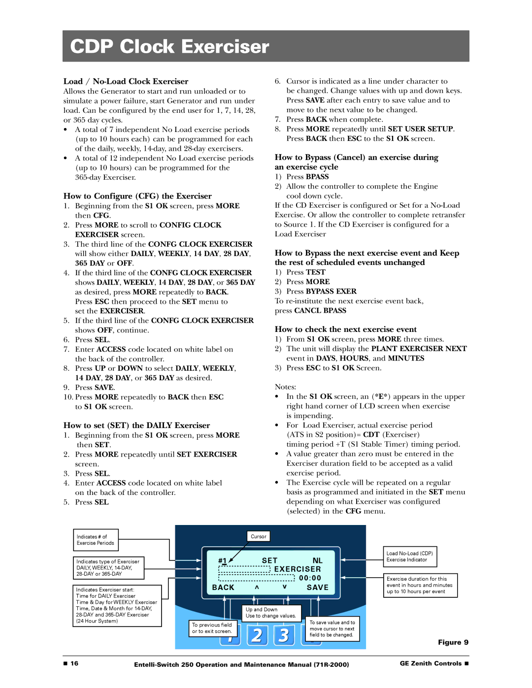 GE Entelli-Switch 250 manual CDP Clock Exerciser, Load / No-Load Clock Exerciser 