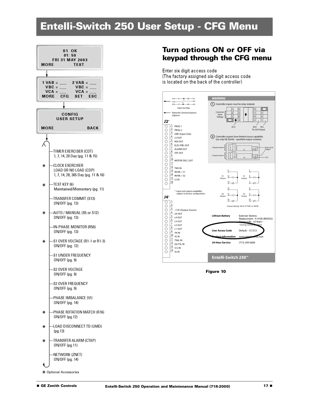 GE manual Entelli-Switch 250 User Setup CFG Menu, Turn options on or OFF via keypad through the CFG menu 