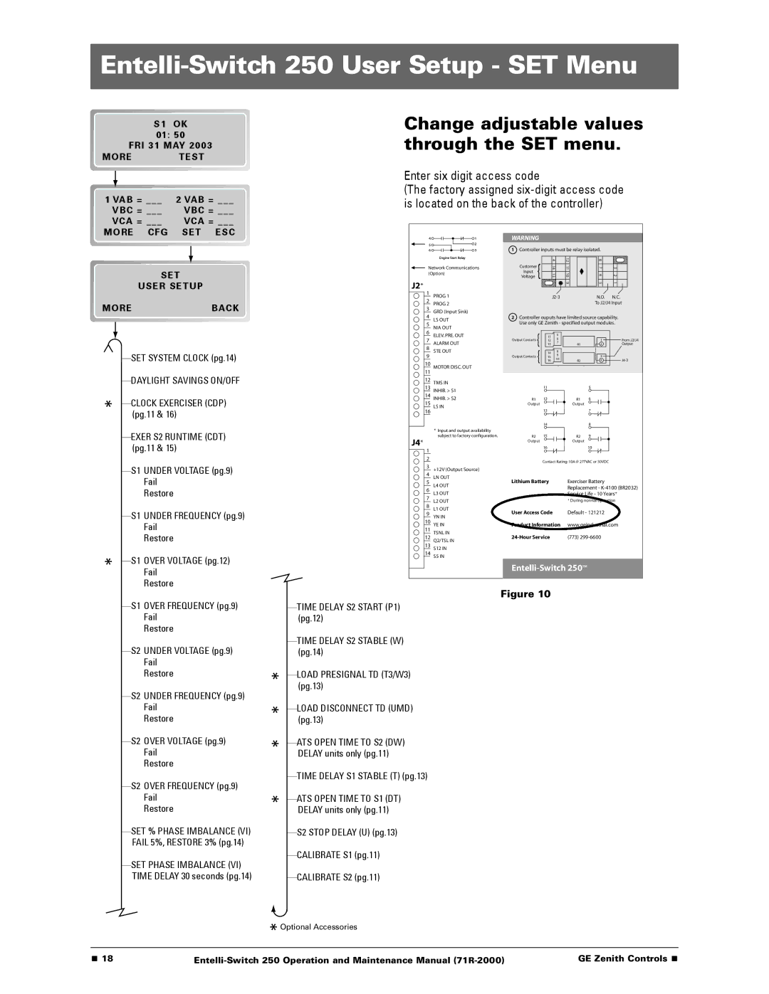 GE manual Entelli-Switch 250 User Setup SET Menu, Change adjustable values through the SET menu 