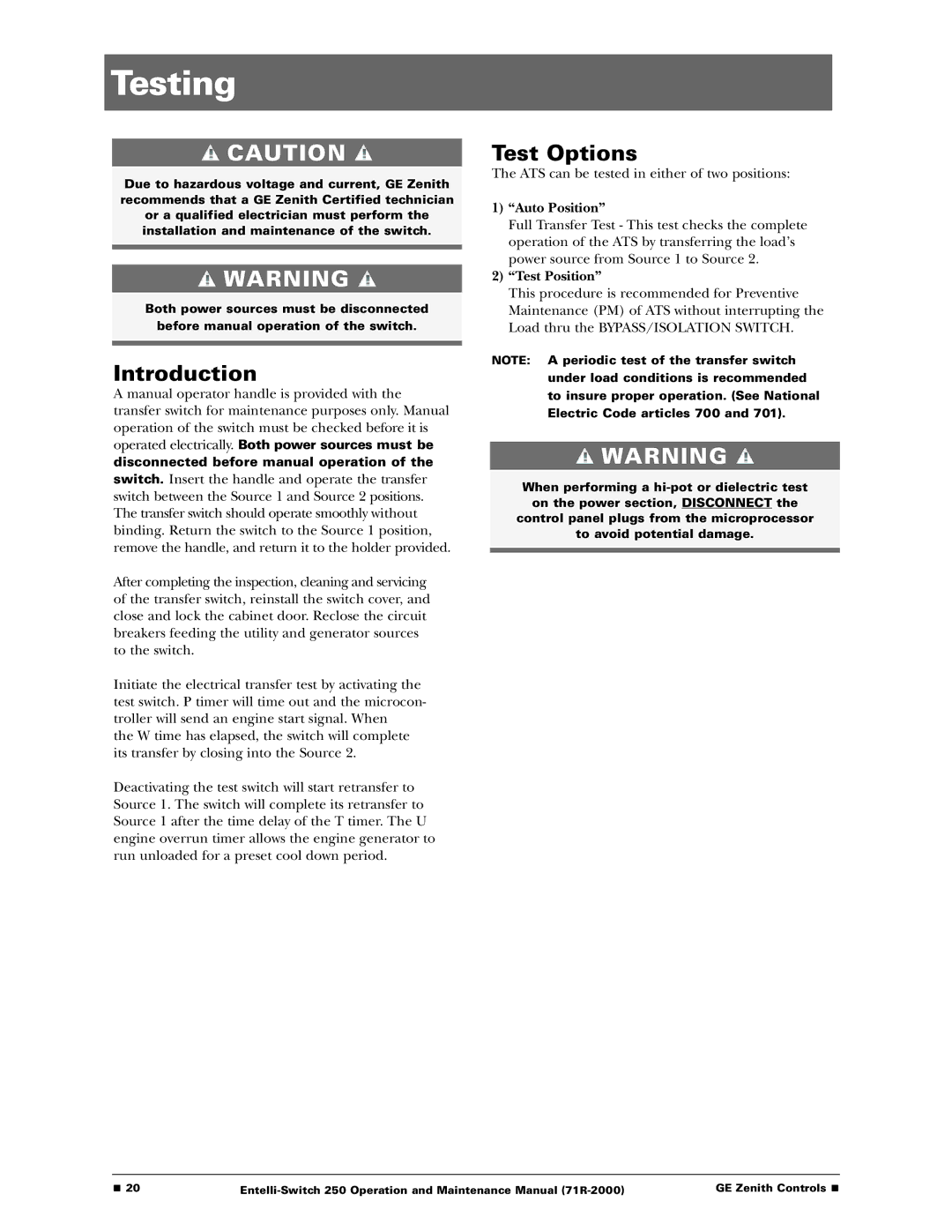 GE Entelli-Switch 250 manual Testing, Introduction, Test Options, Auto Position, Test Position 