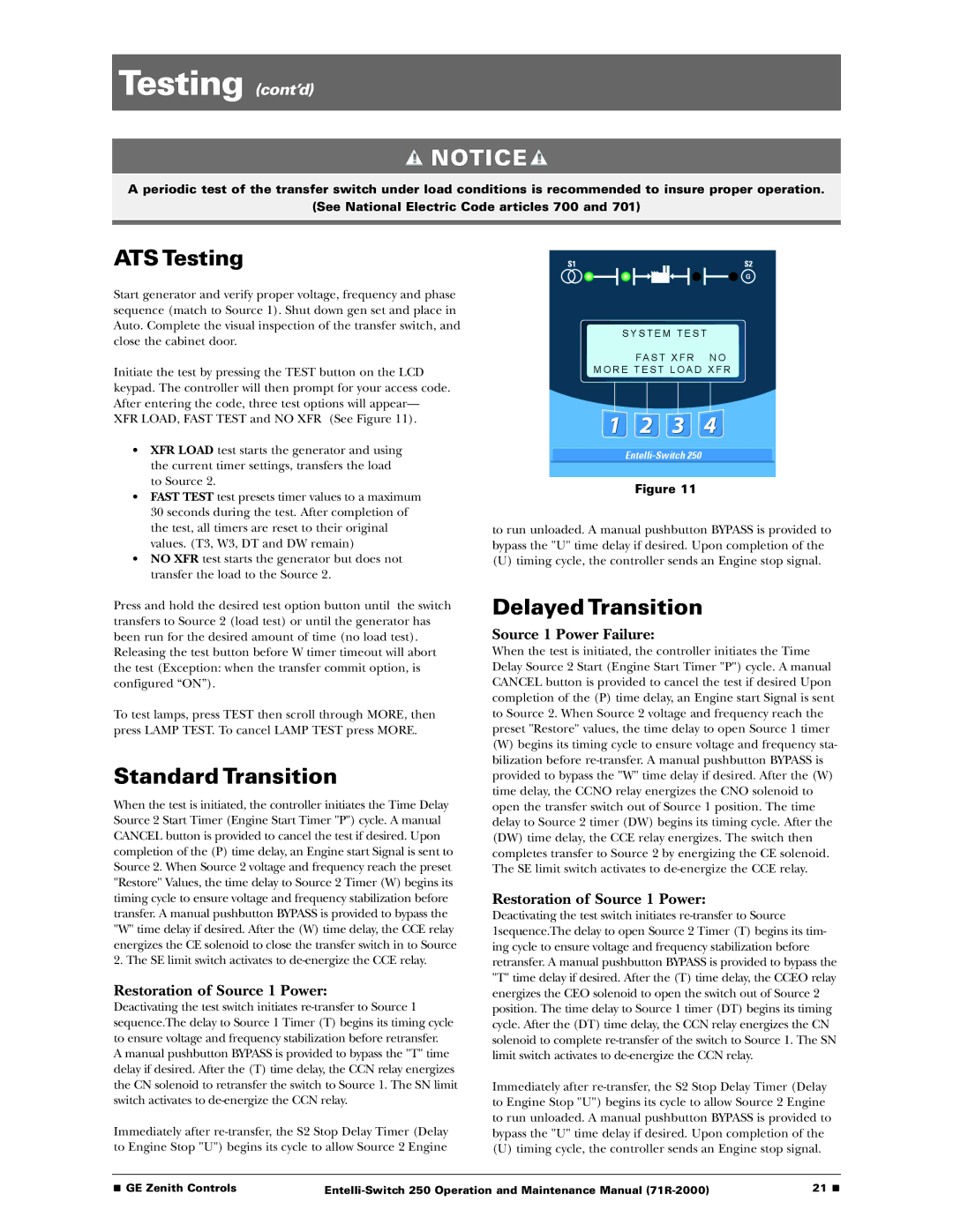 GE Entelli-Switch 250 manual Testing cont’d, ATS Testing, Standard Transition, Delayed Transition 