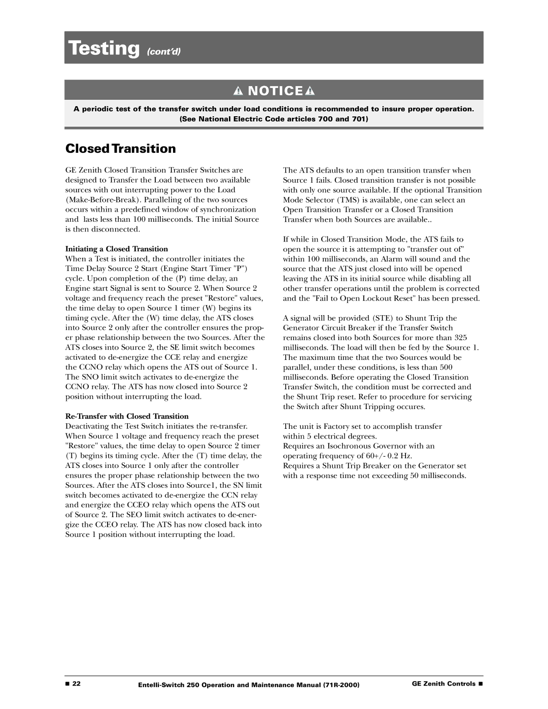 GE Entelli-Switch 250 manual Initiating a Closed Transition, Re-Transfer with Closed Transition 