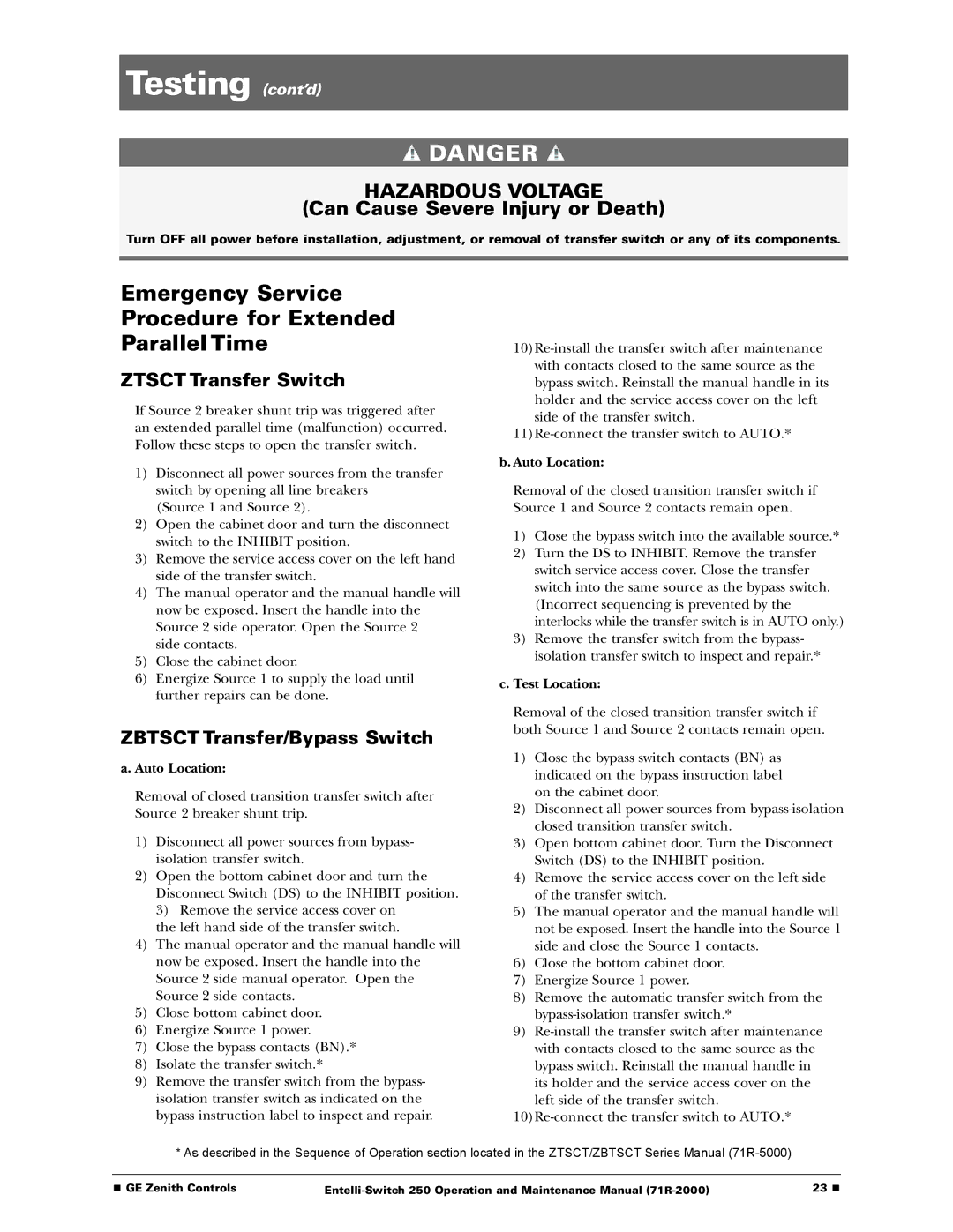 GE Entelli-Switch 250 manual Emergency Service Procedure for Extended Parallel Time, Auto Location, Test Location 