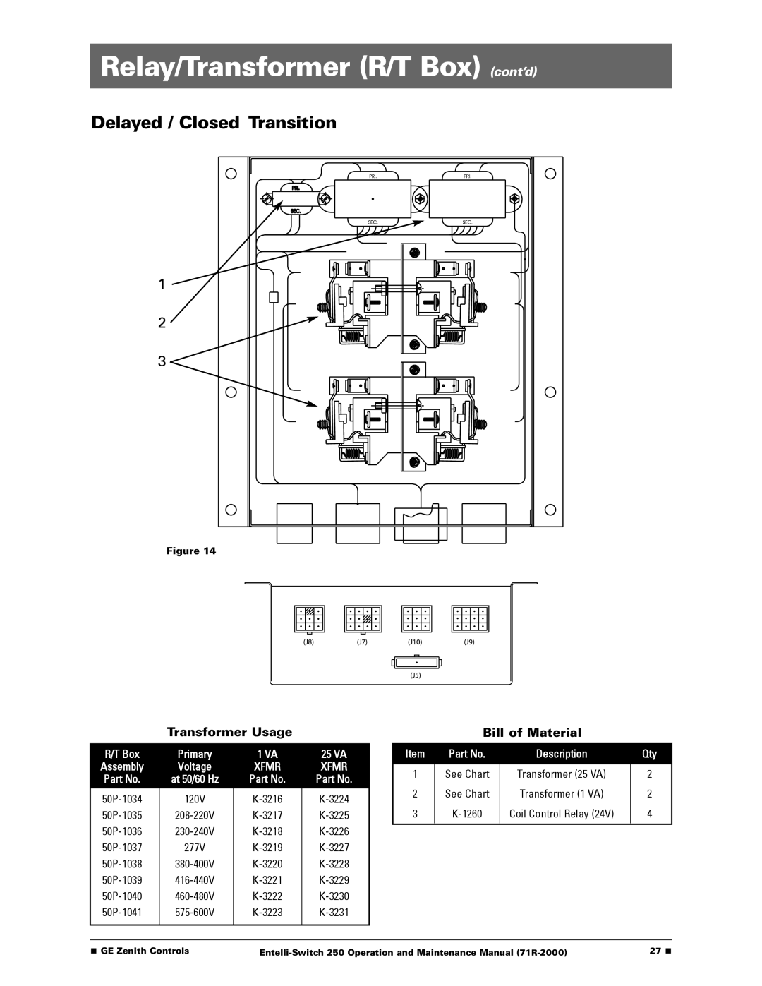 GE Entelli-Switch 250 manual Relay/Transformer R/T Box cont’d, Delayed / Closed Transition 