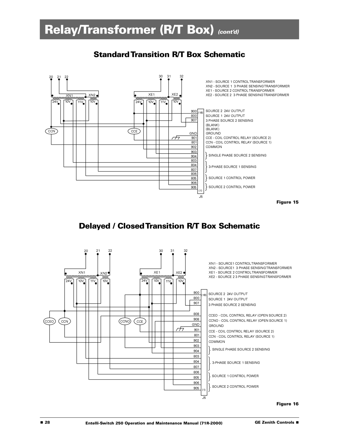 GE Entelli-Switch 250 manual Standard Transition R/T Box Schematic, Delayed / Closed Transition R/T Box Schematic 