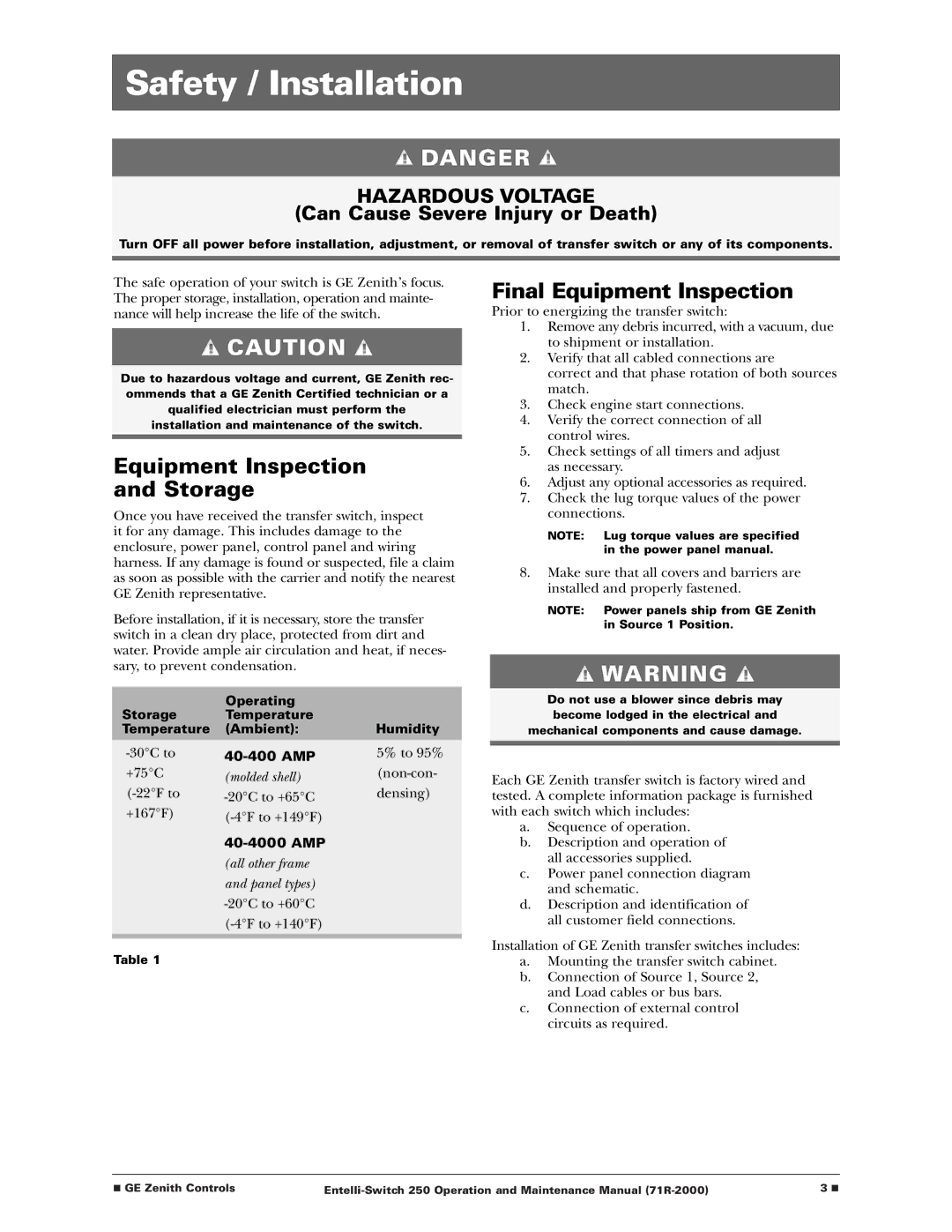 GE Entelli-Switch 250 manual Safety / Installation, Equipment Inspection and Storage, Final Equipment Inspection 