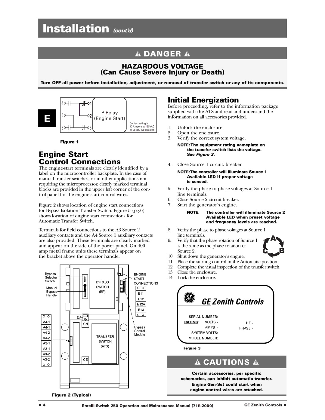 GE Entelli-Switch 250 manual Installation cont’d, Engine Start Control Connections, Initial Energization 