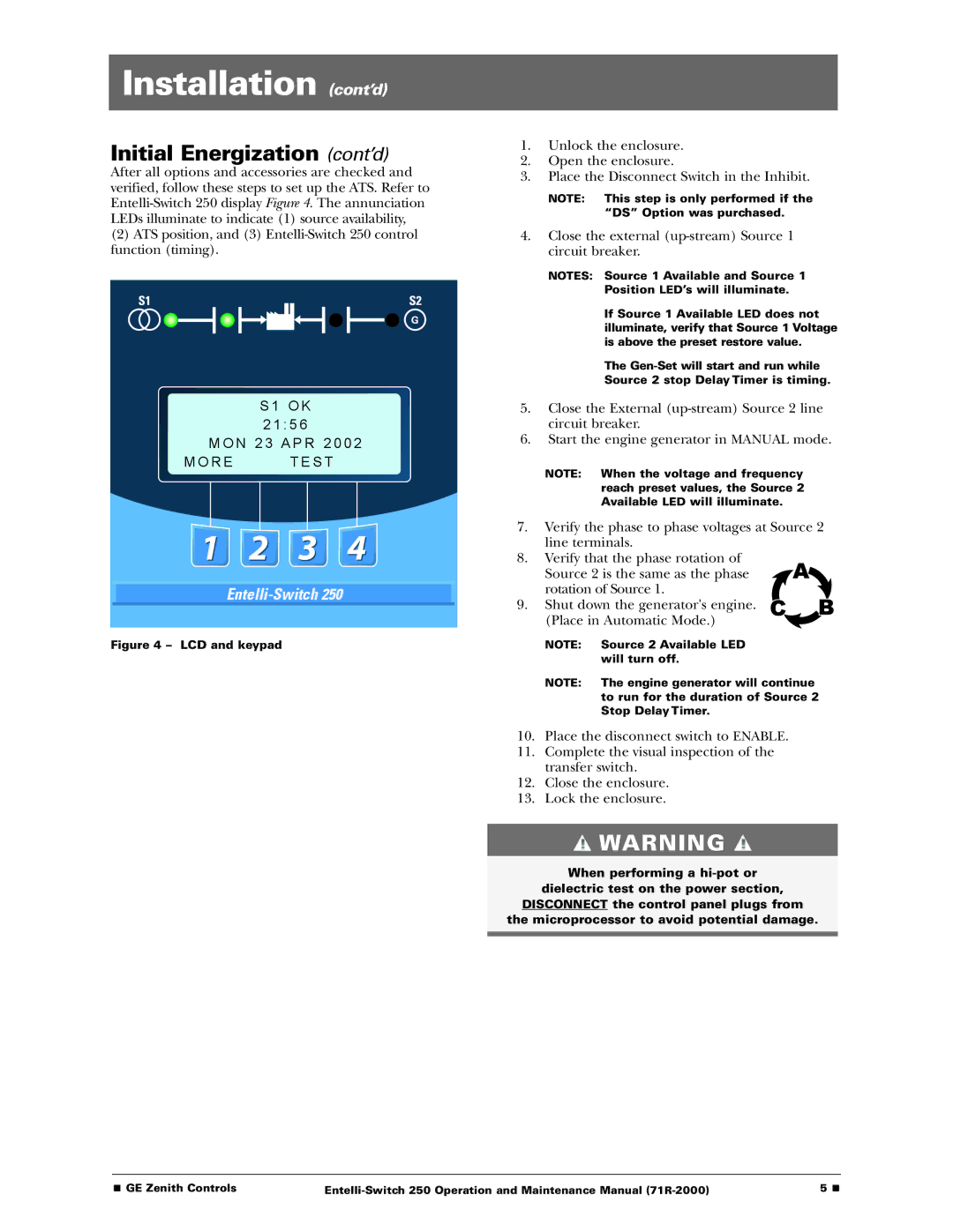 GE Entelli-Switch 250 manual Initial Energization cont’d, R E T E S T 