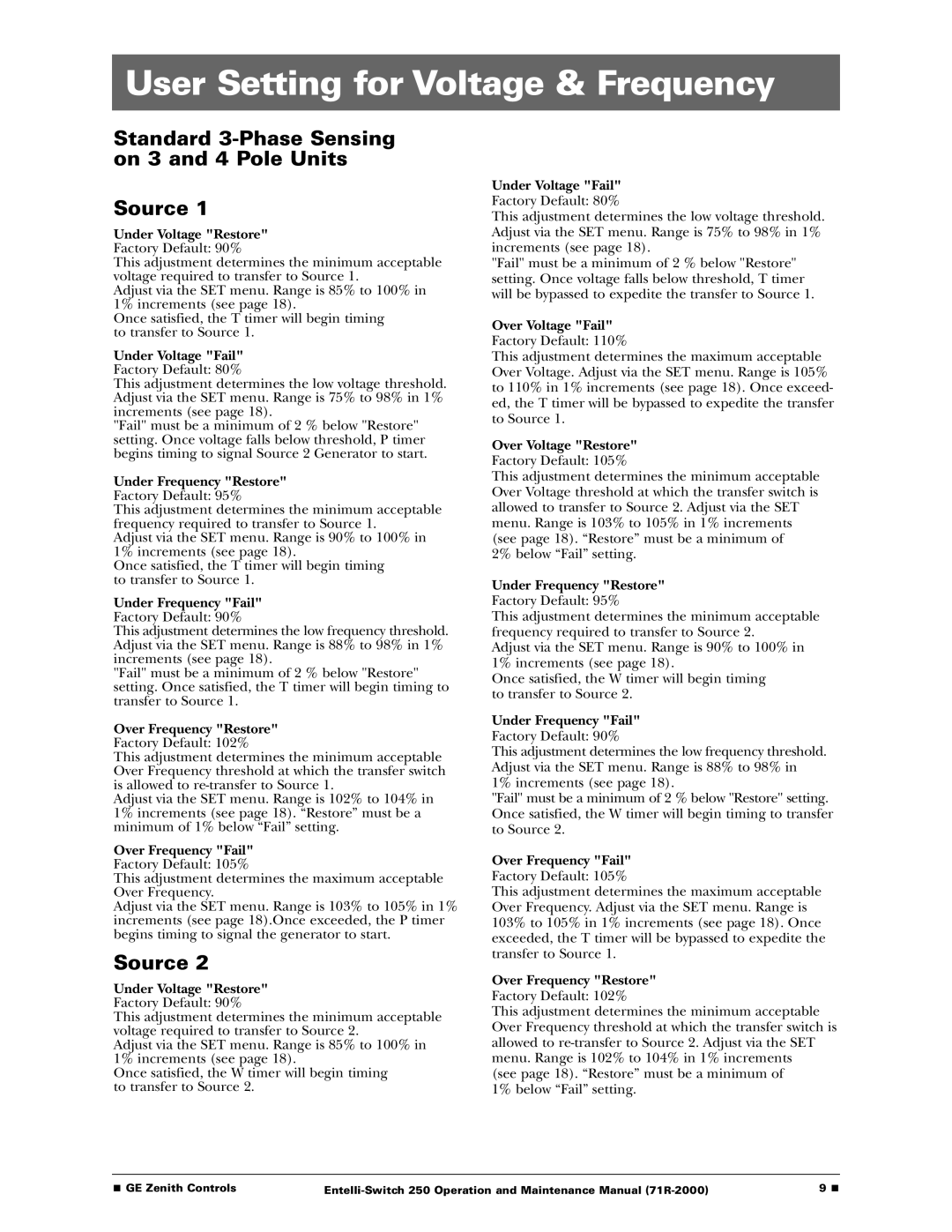 GE Entelli-Switch 250 manual User Setting for Voltage & Frequency 