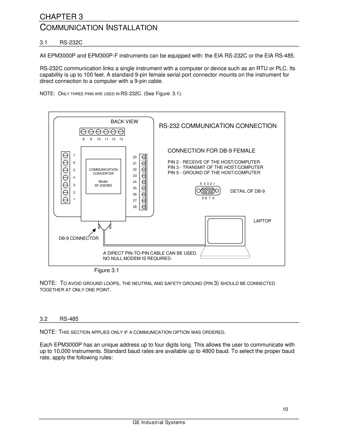 GE EPM 3000P instruction manual Communication Installation, RS-232C, RS-485 