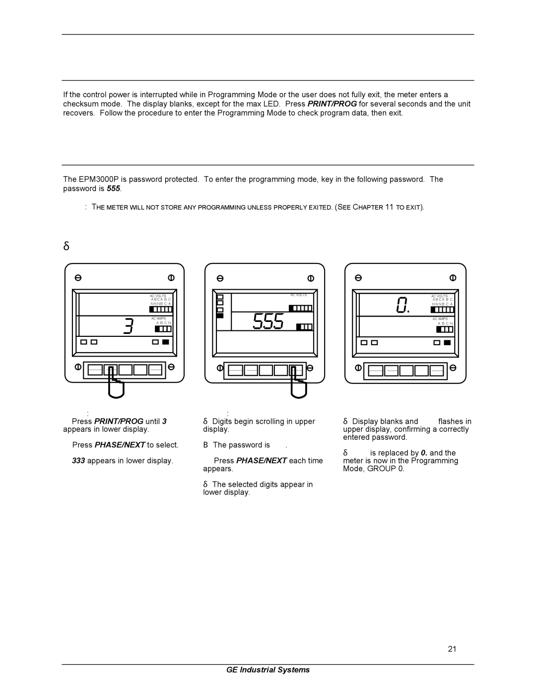 GE EPM 3000P instruction manual 555, Entering the Programming Mode 