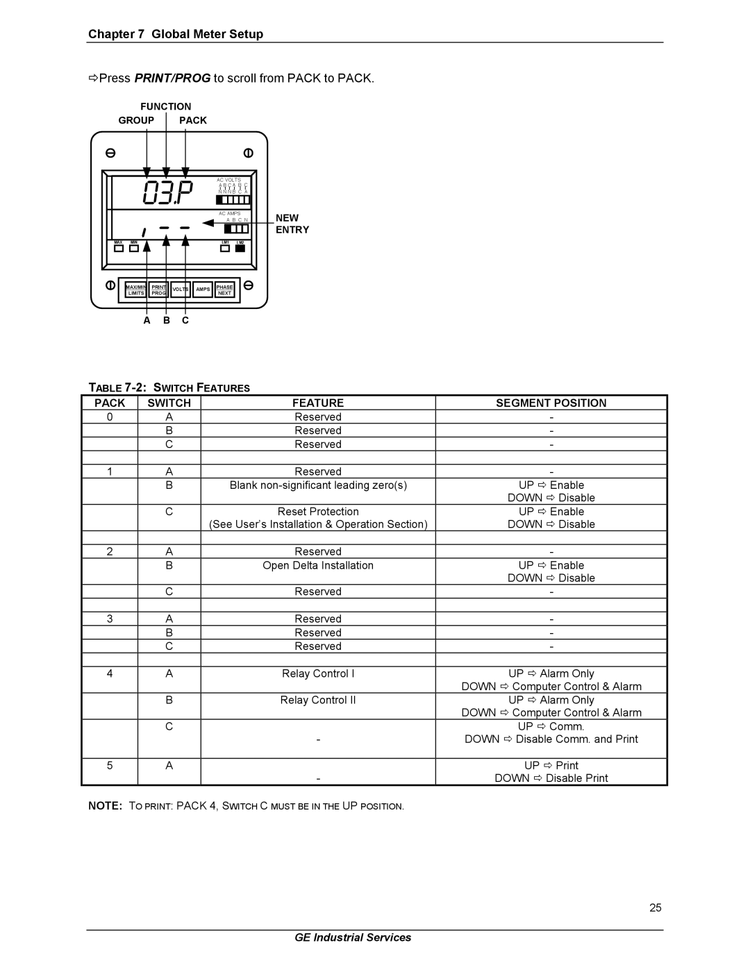 GE EPM 3000P instruction manual Pack Switch Feature Segment Position 