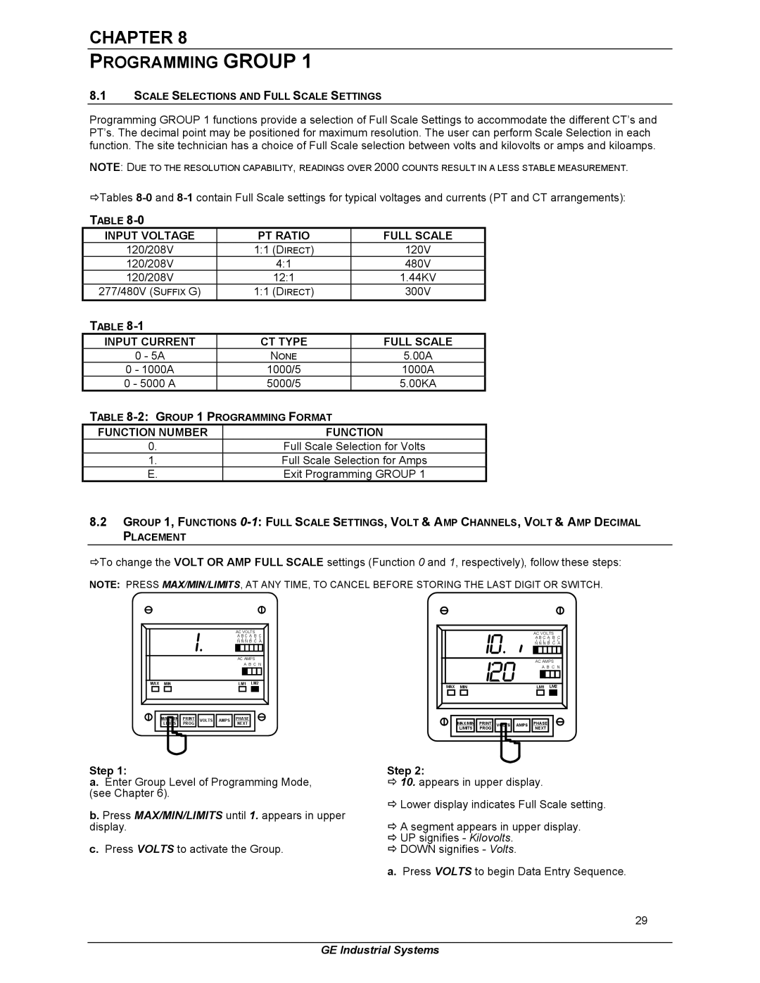 GE EPM 3000P instruction manual Programming Group, Input Voltage PT Ratio Full Scale, Input Current CT Type Full Scale 