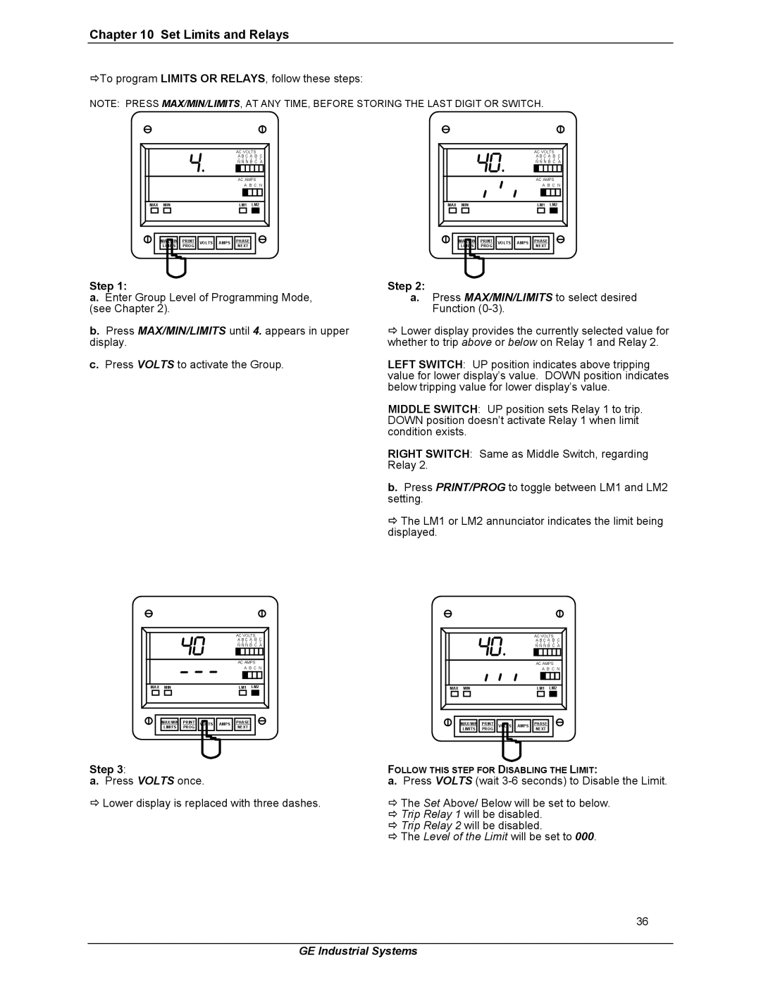 GE EPM 3000P instruction manual Set Limits and Relays, ÖTo program Limits or RELAYS, follow these steps 