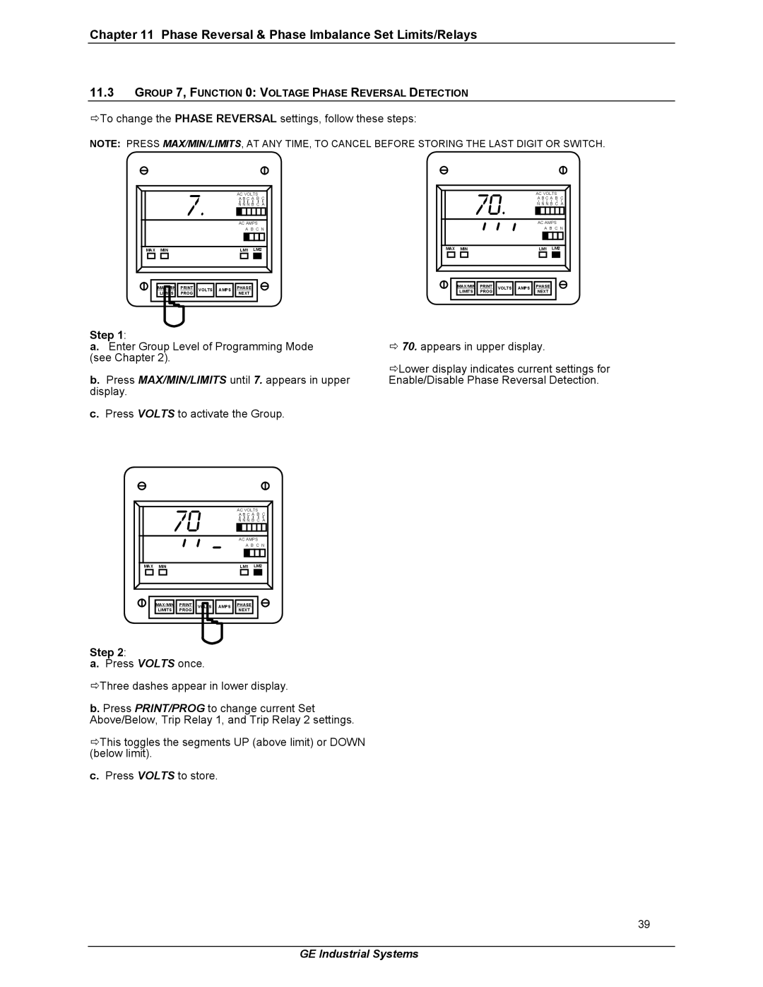 GE EPM 3000P instruction manual Phase Reversal & Phase Imbalance Set Limits/Relays 