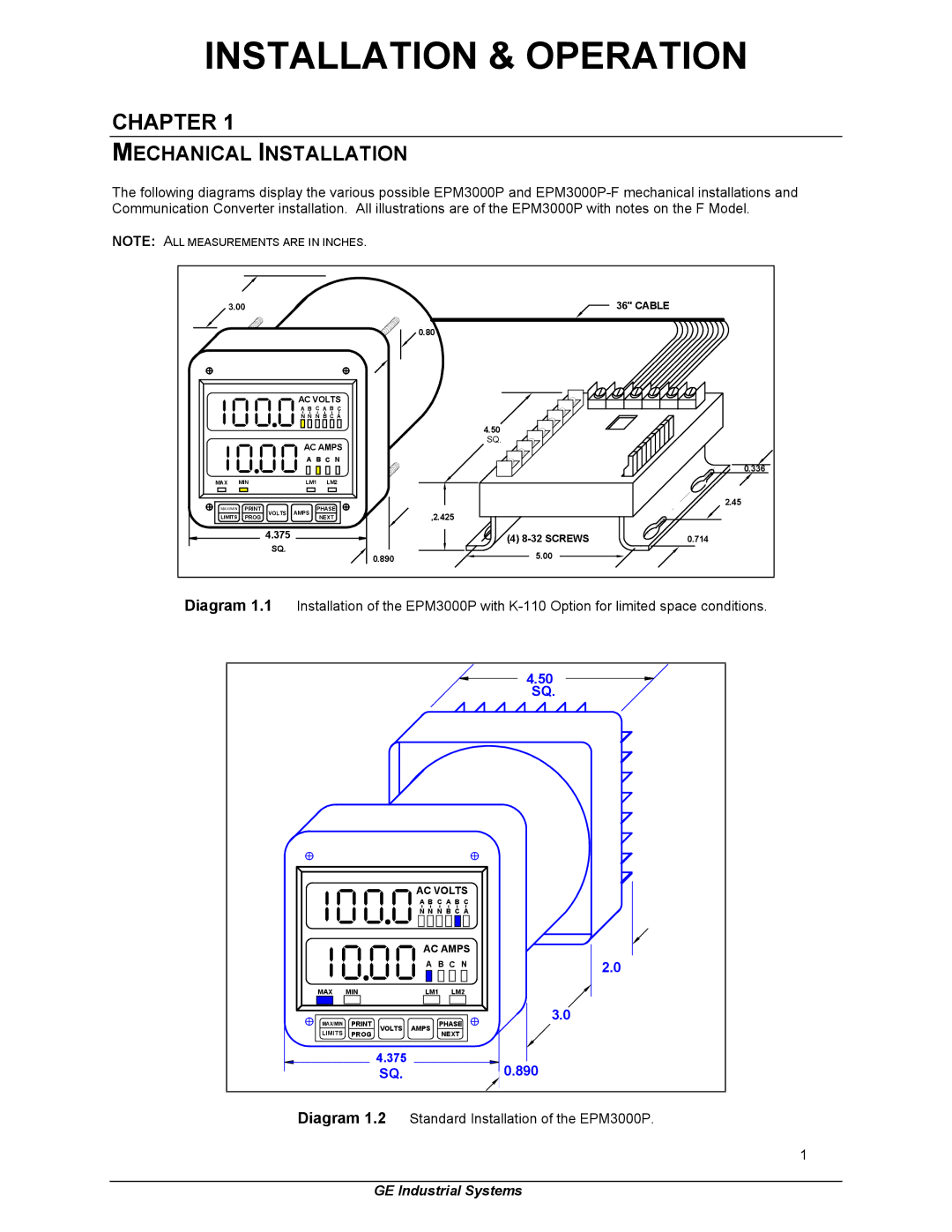 GE EPM 3000P instruction manual Installation & Operation, Mechanical Installation 