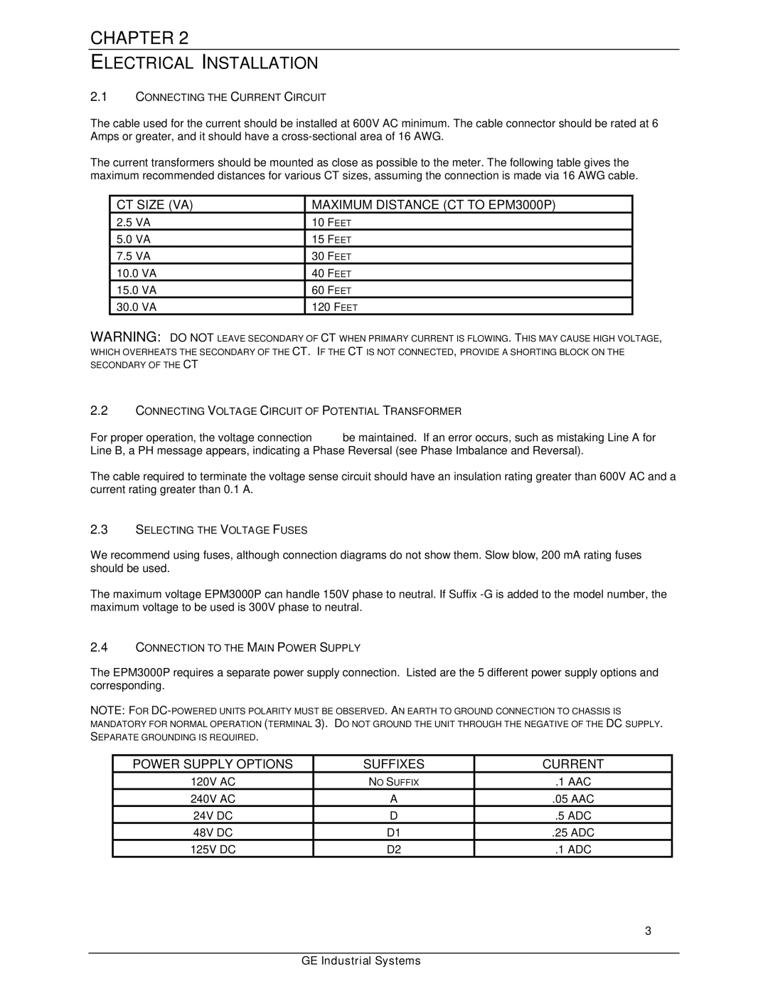 GE EPM 3000P instruction manual Electrical Installation, CT Size VA Maximum Distance CT to EPM3000P 