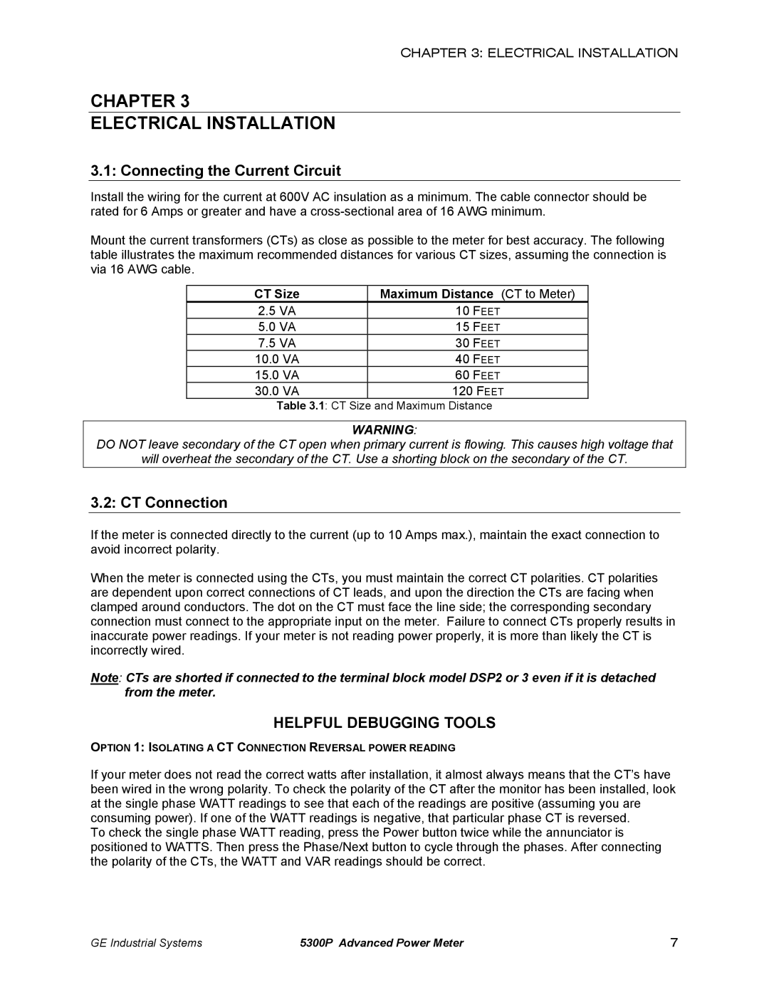 GE EPM 5350 Chapter Electrical Installation, Connecting the Current Circuit, CT Connection, Helpful Debugging Tools 