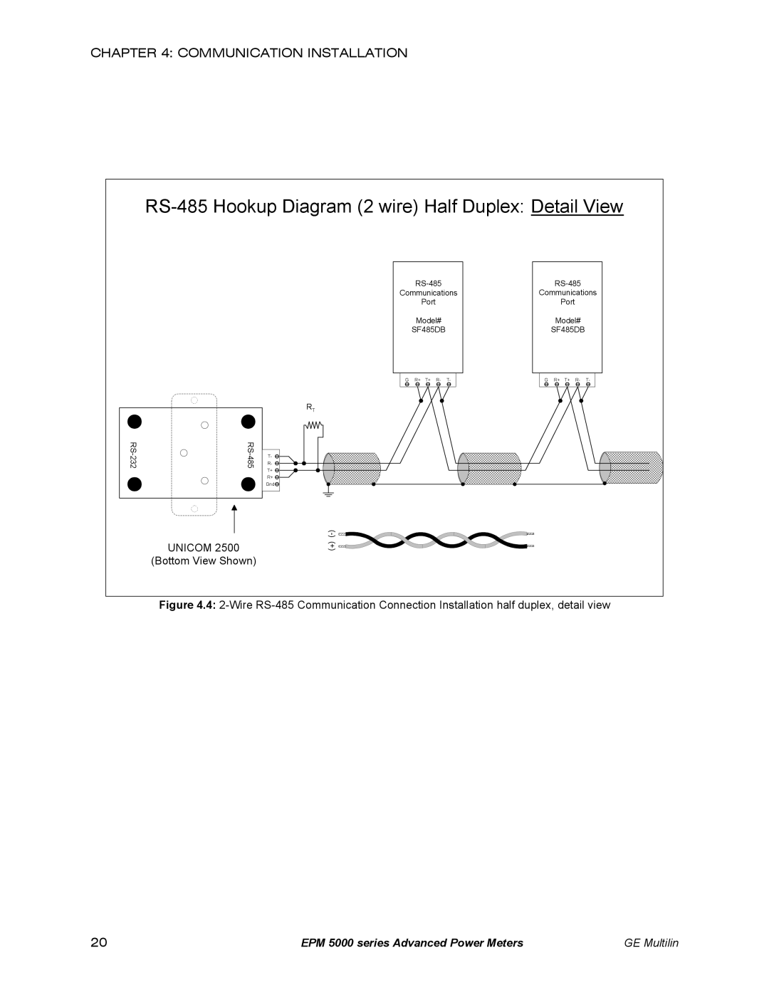 GE EPM 5200, EPM 5300, EPM 5350 instruction manual RS-485 Hookup Diagram 2 wire Half Duplex Detail View 