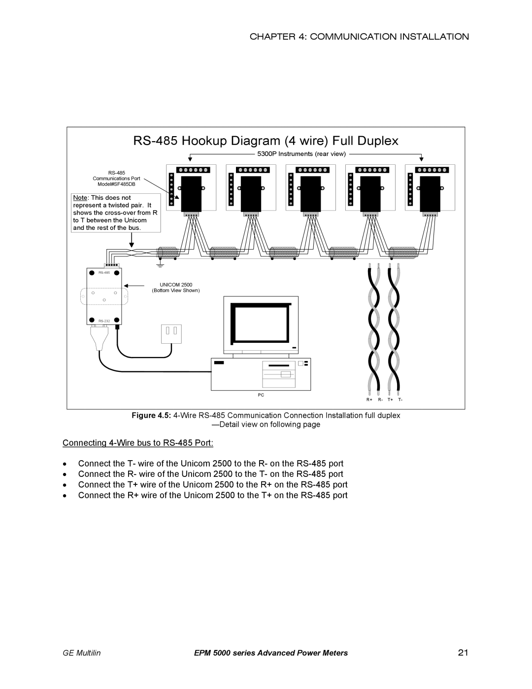 GE EPM 5300, EPM 5200, EPM 5350 instruction manual RS-485 Hookup Diagram 4 wire Full Duplex 