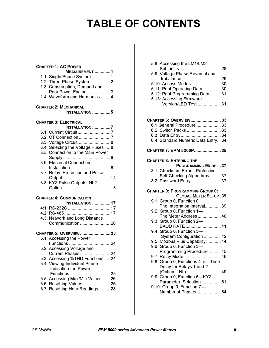 GE EPM 5200, EPM 5300, EPM 5350 instruction manual Table of Contents 