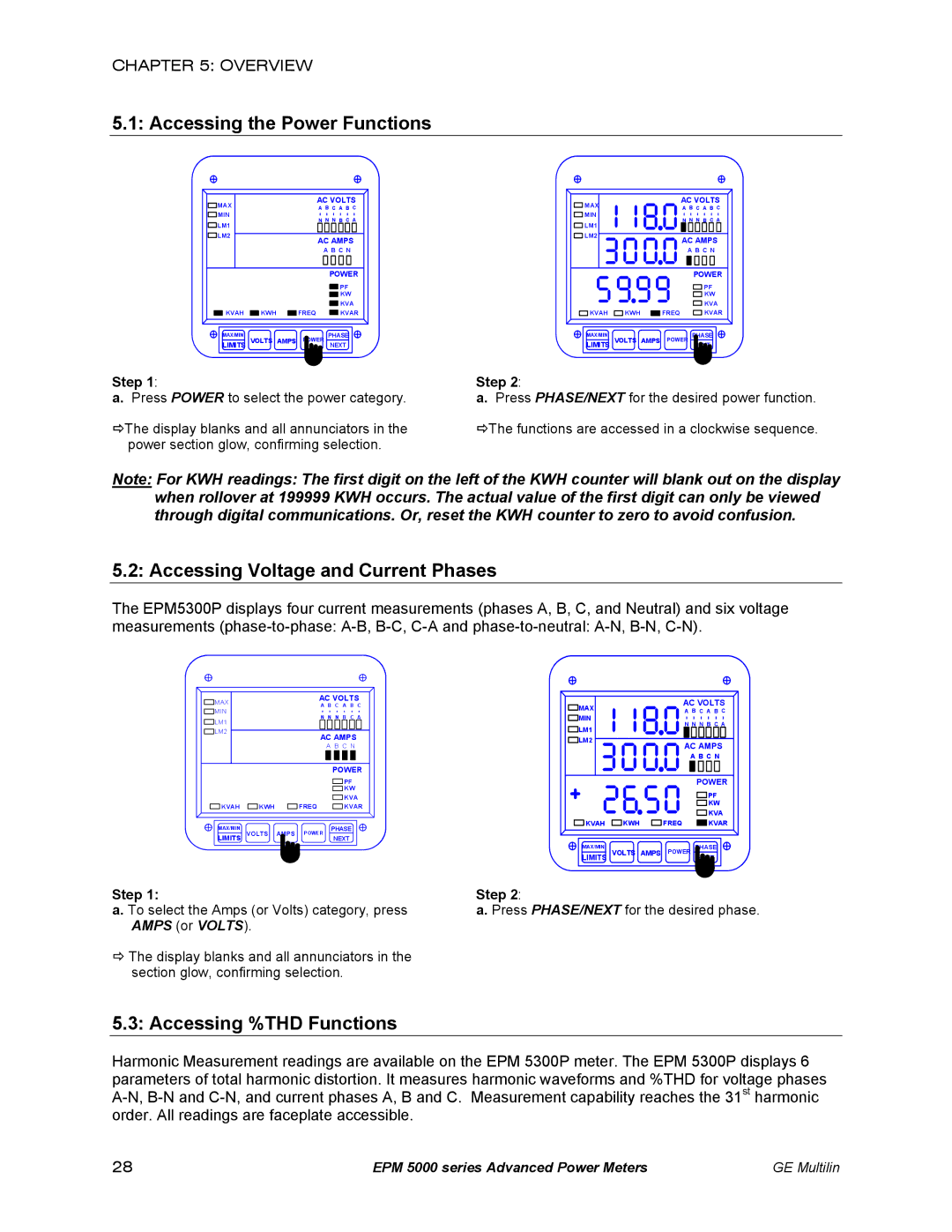 GE EPM 5350, EPM 5200 Accessing the Power Functions, Accessing Voltage and Current Phases, Accessing %THD Functions 